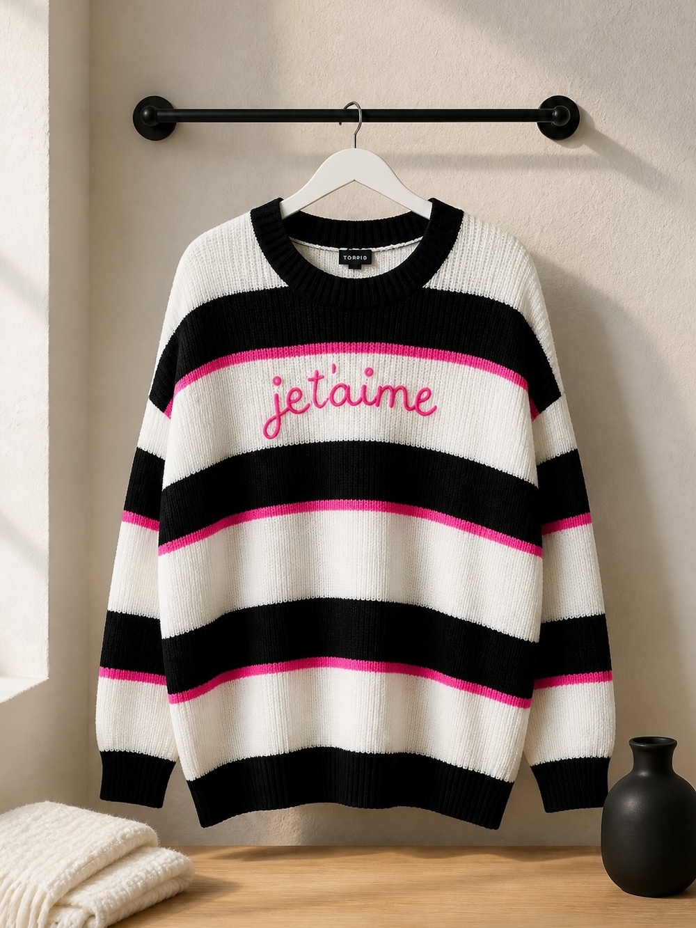 Torrid 'je t'aime' Black White & Pink Striped Sweater